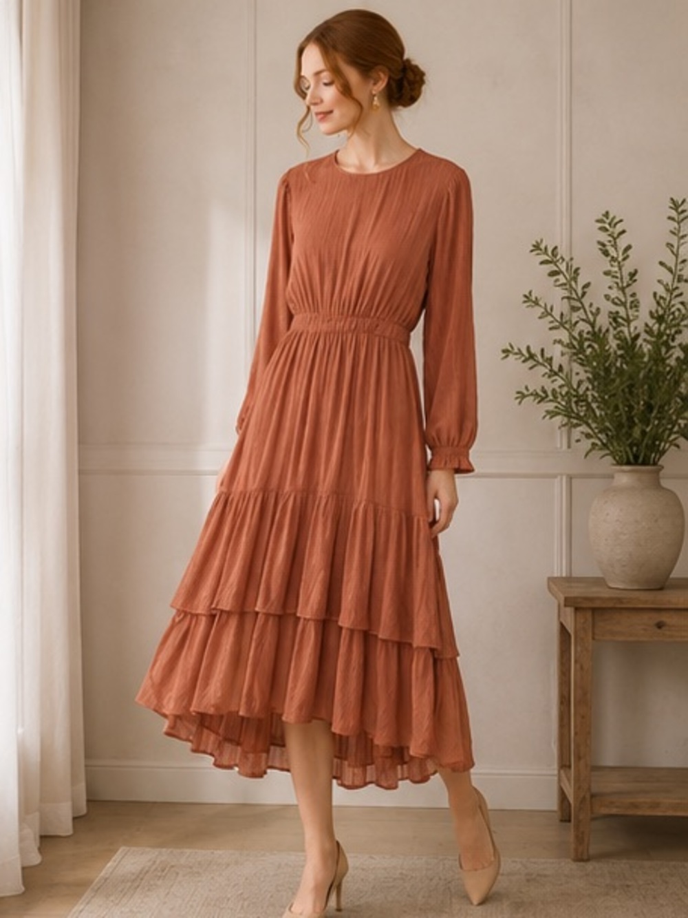 Japparel Women’s Tiered Long Sleeve Maxi Dress - Rust